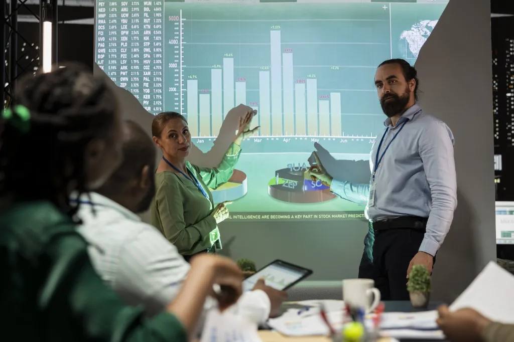 Business presentation with data charts, analytics, and AI-driven market insights