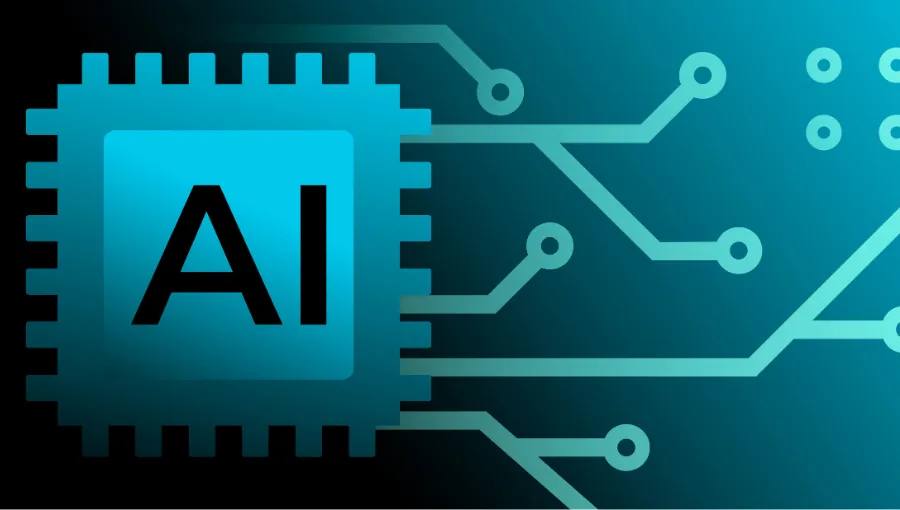 Generative AI — processor chip with AI lettering and circuit traces on a teal gradient