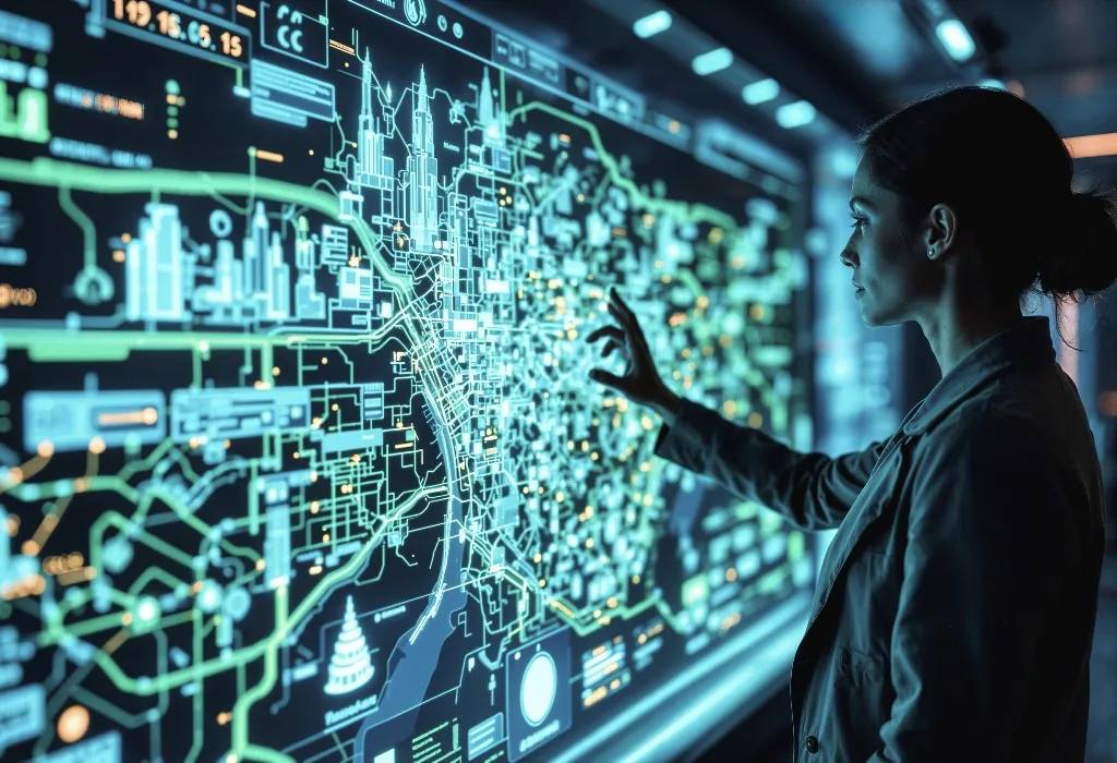 Professional interacting with a large digital city map and automation dashboards on a glowing display