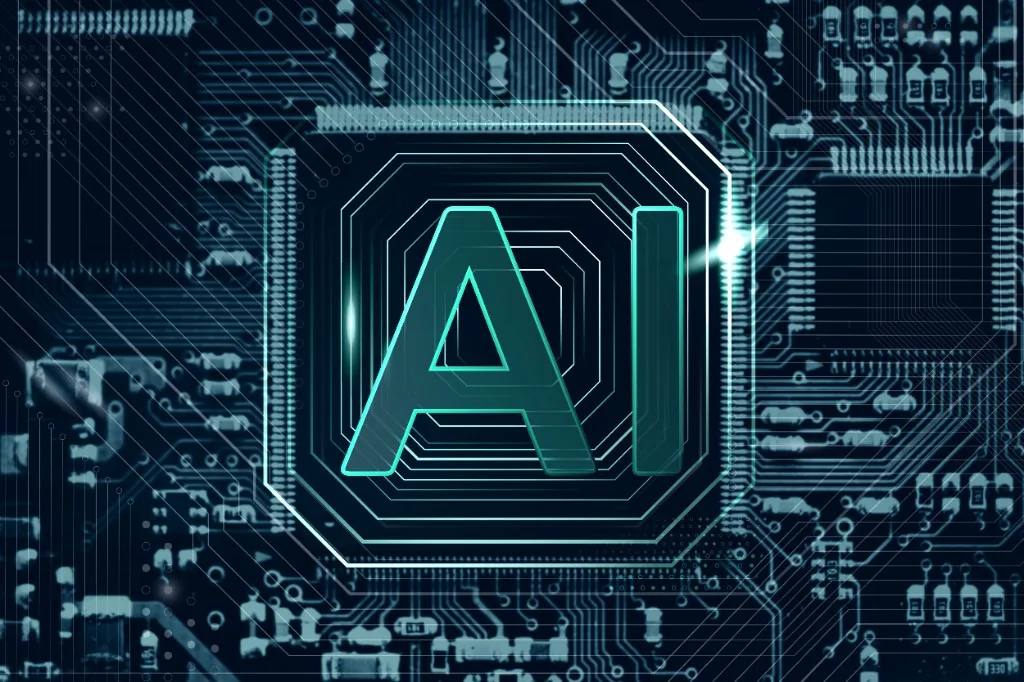 Artificial intelligence strategy — AI chip and circuit board with glowing teal accents