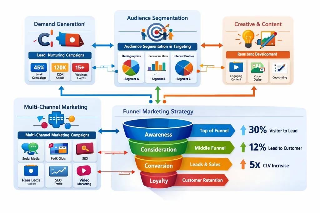 Digital campaigns — demand generation, audience segmentation, creative content, multi-channel and funnel strategy
